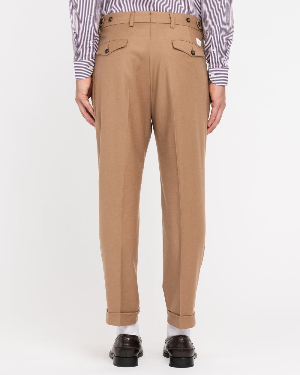 beige double pleat stretch wool flannel trousers