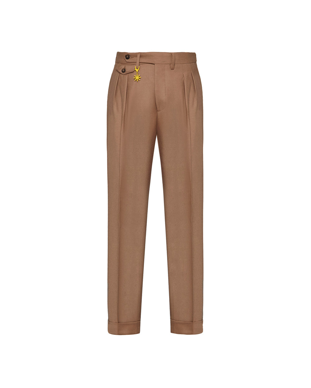 beige double pleat stretch wool flannel trousers