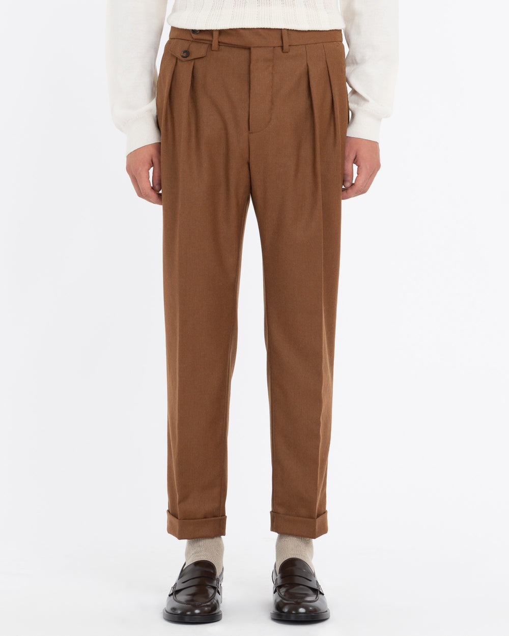 brown double pleat stretch wool flannel trousers