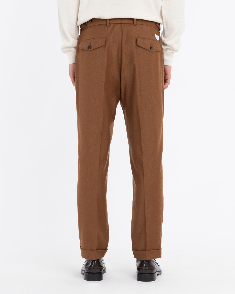 brown double pleat stretch wool flannel trousers