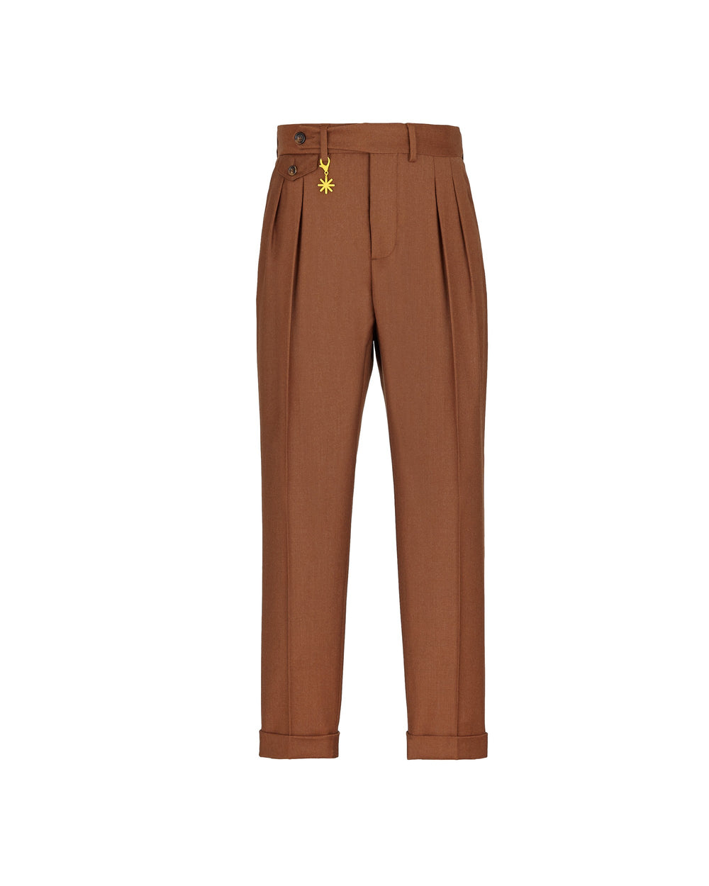 brown double pleat stretch wool flannel trousers