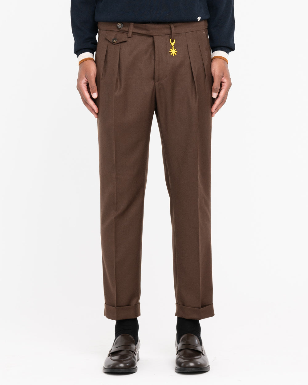 brown double pleat stretch wool flannel trousers