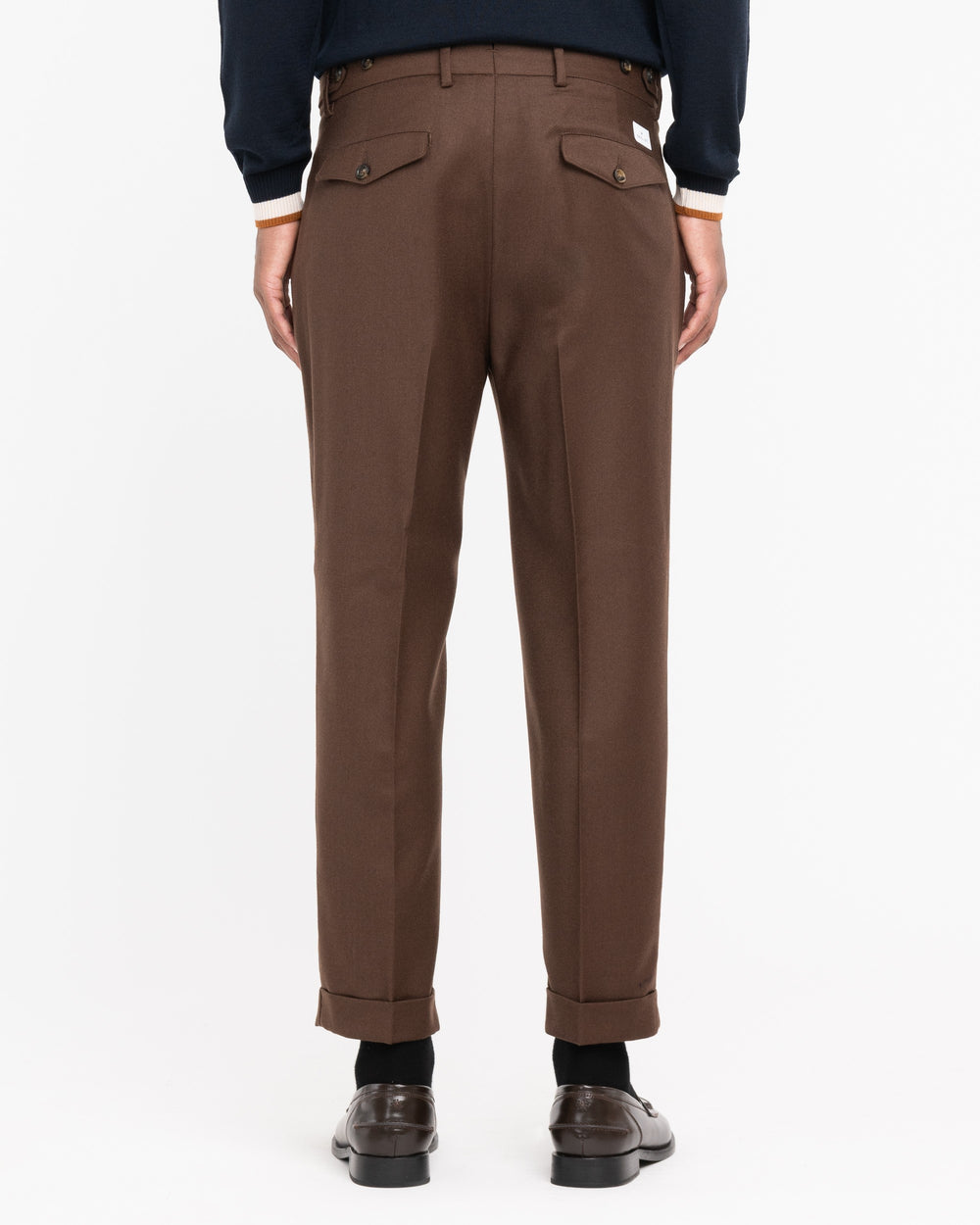 brown double pleat stretch wool flannel trousers