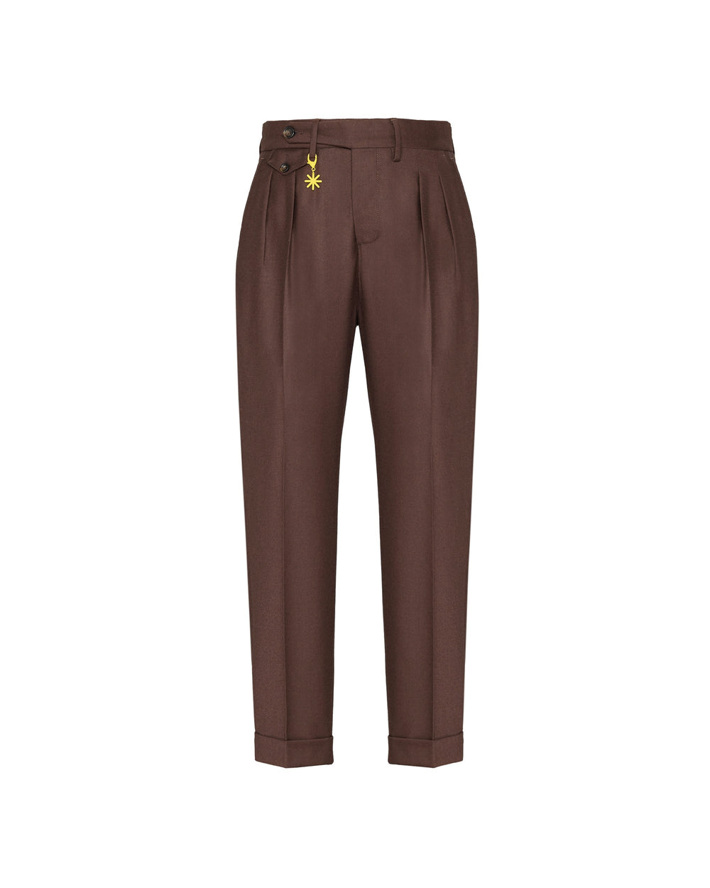 brown double pleat stretch wool flannel trousers