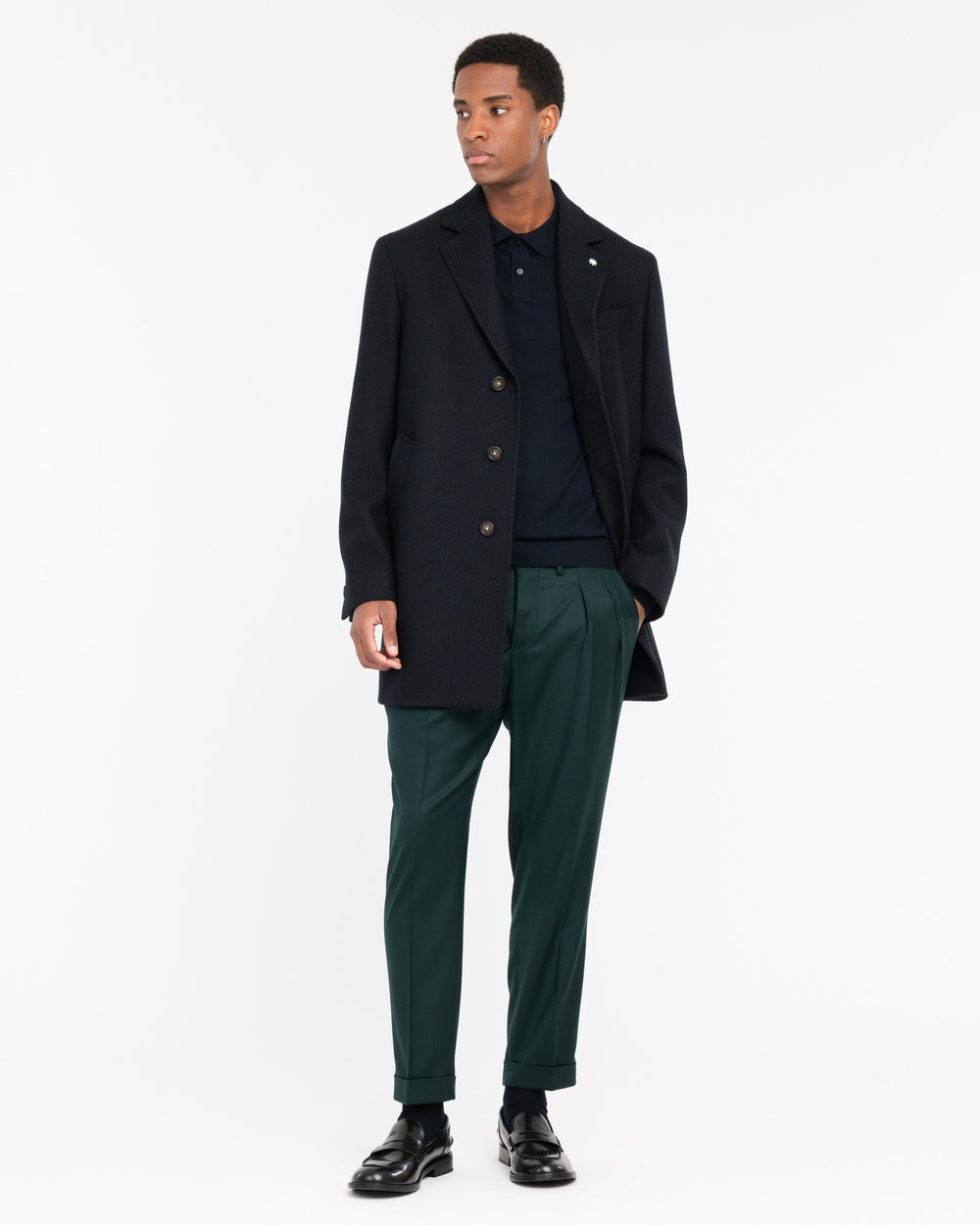 green double pleat stretch wool flannel trousers