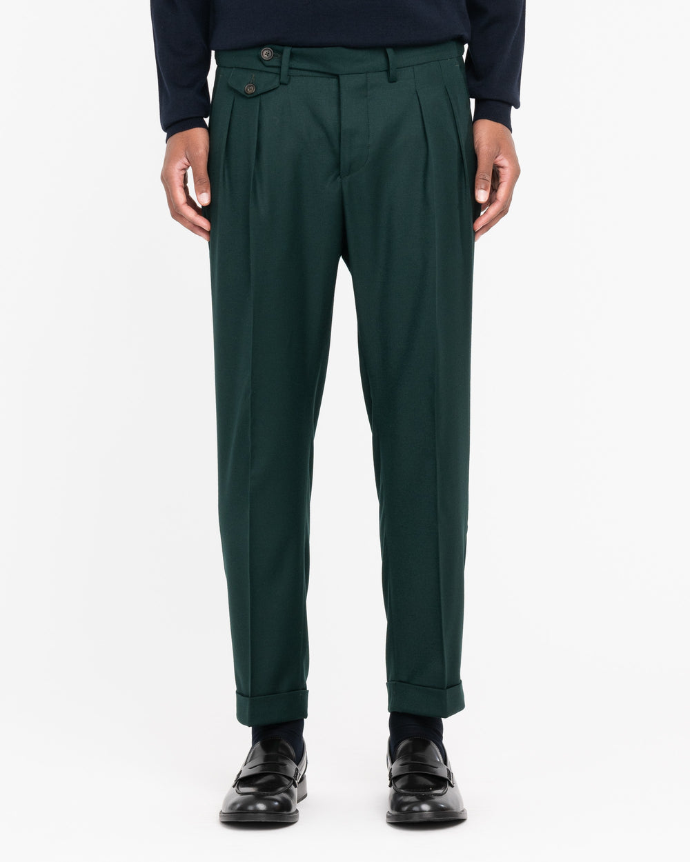 green double pleat stretch wool flannel trousers