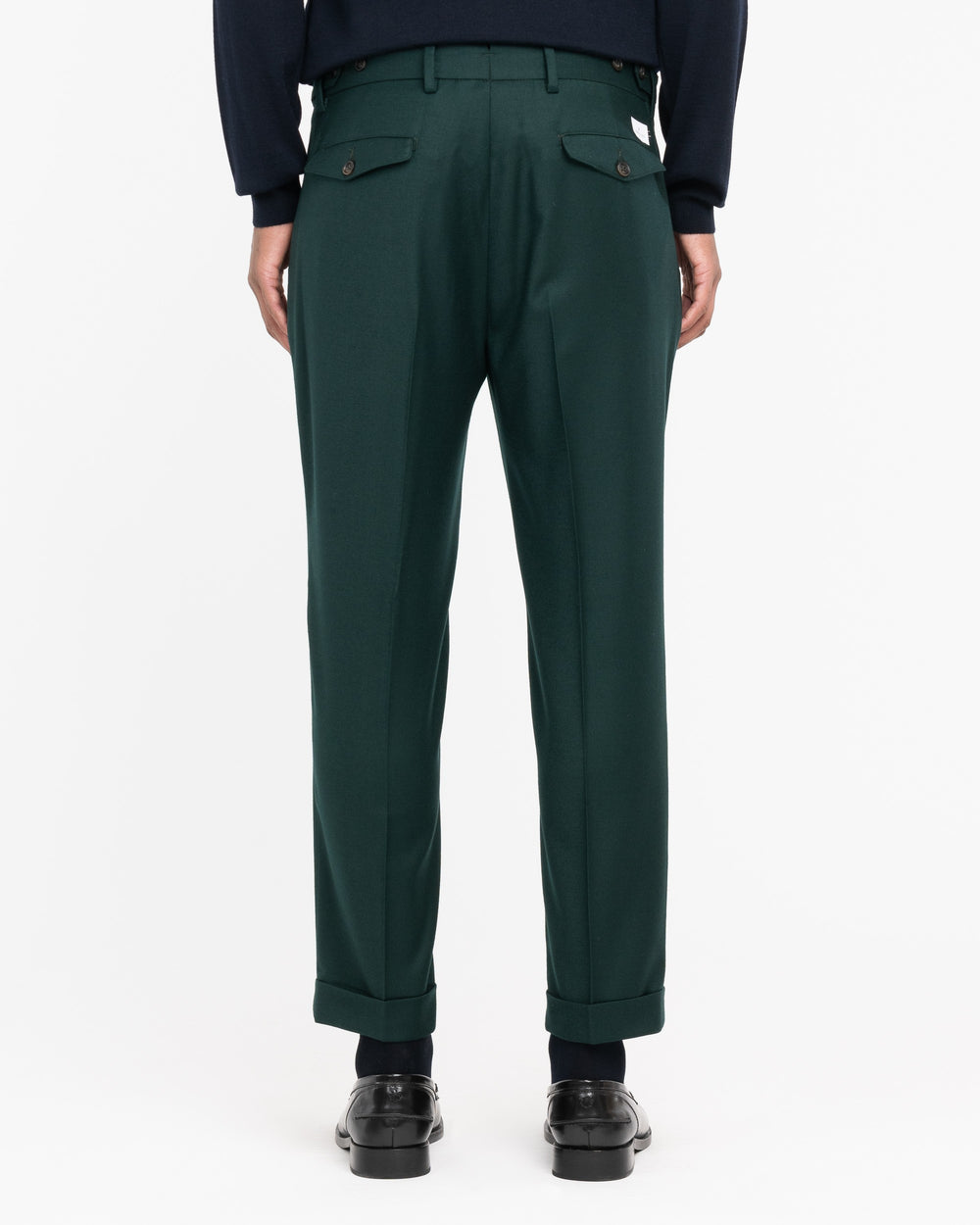 green double pleat stretch wool flannel trousers