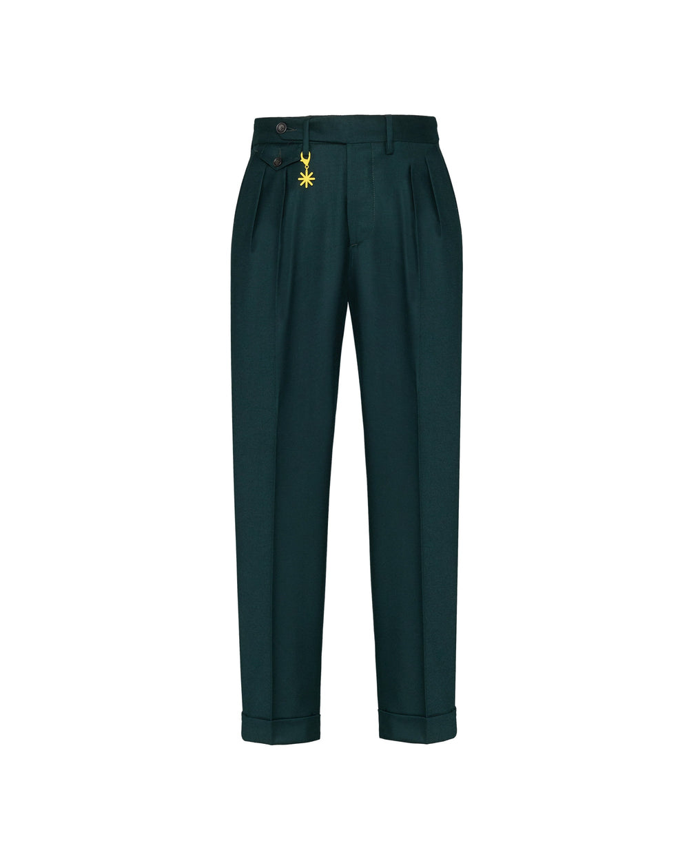 green double pleat stretch wool flannel trousers