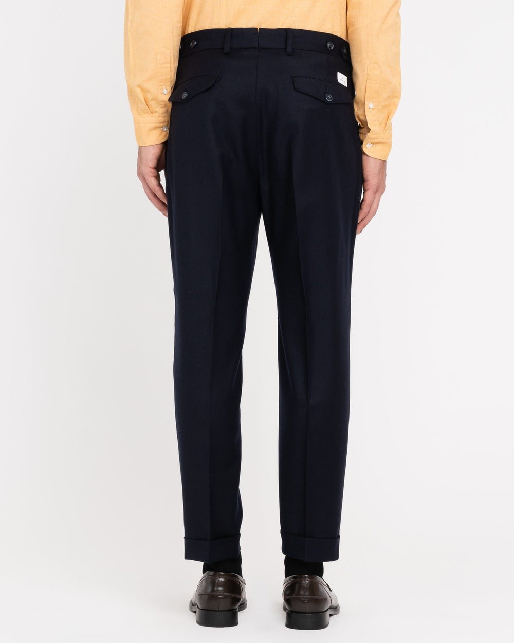 blue double pleat stretch wool flannel trousers