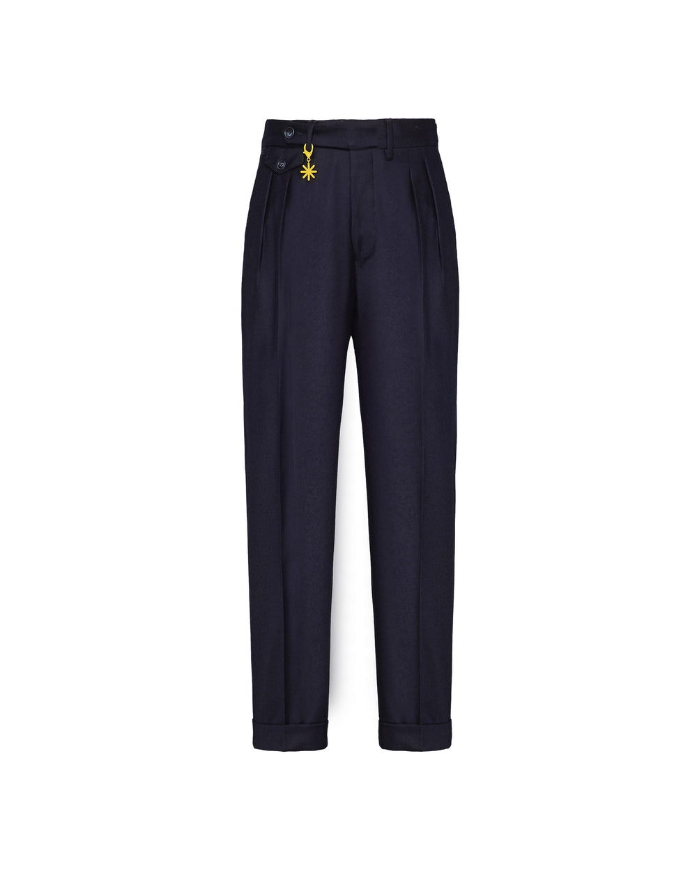 blue double pleat stretch wool flannel trousers