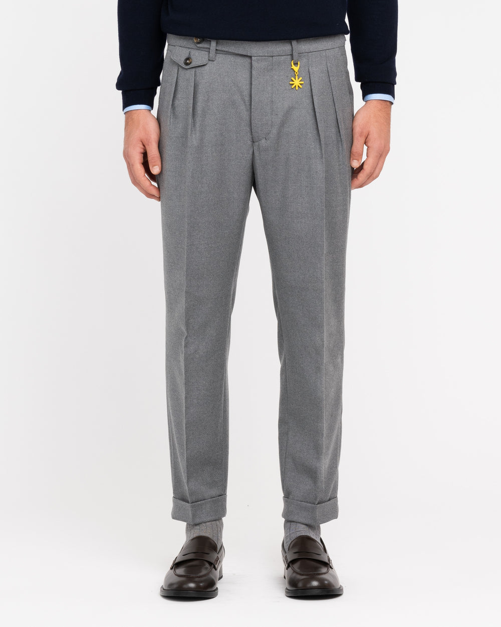 gray double pleat stretch wool flannel trousers