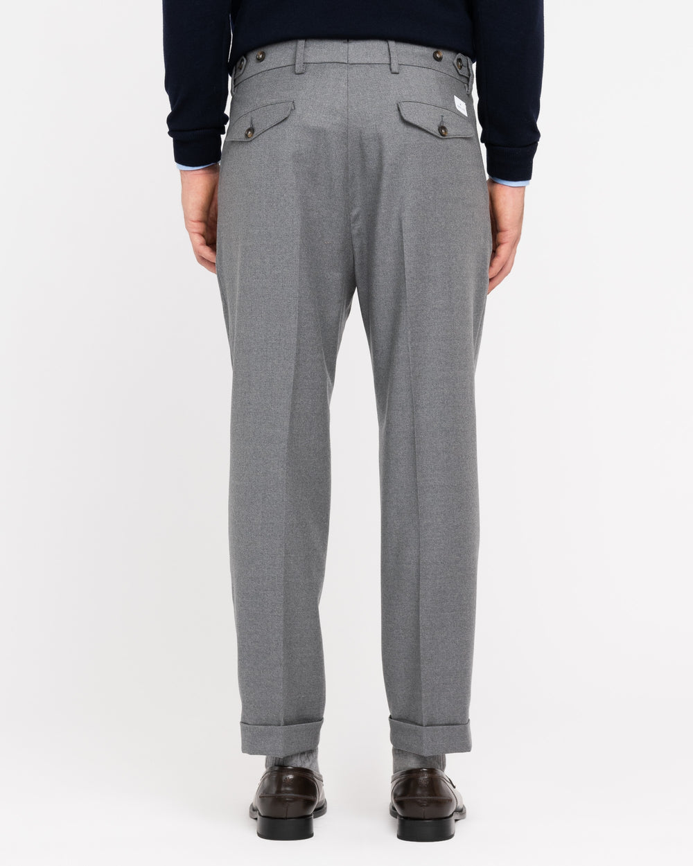 gray double pleat stretch wool flannel trousers