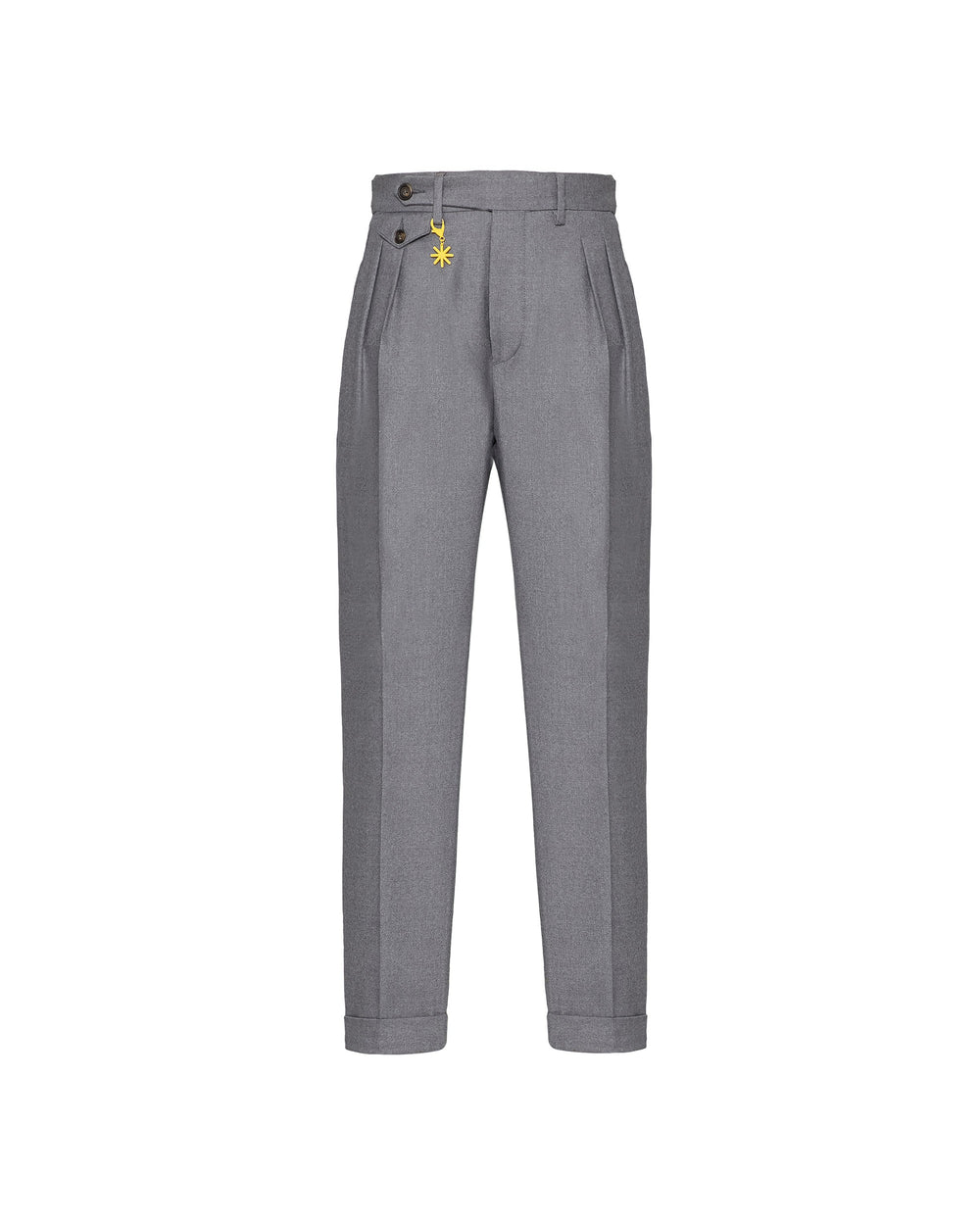 gray double pleat stretch wool flannel trousers