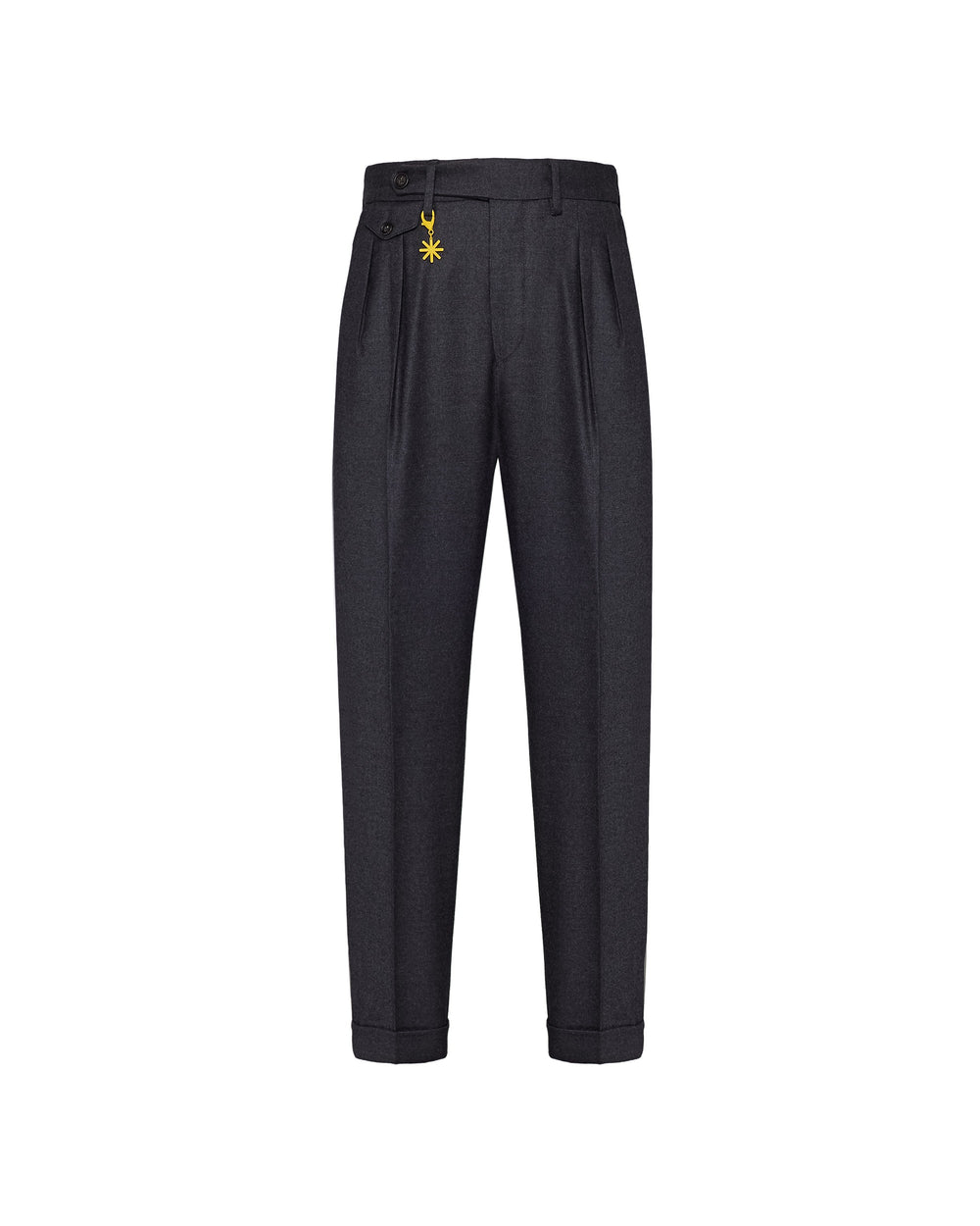 gray double pleat stretch wool flannel trousers