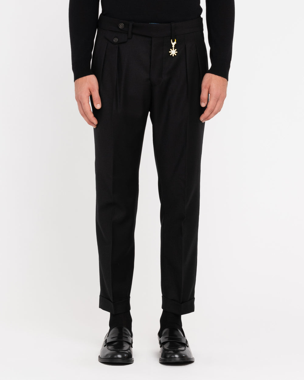 black double pleat stretch wool flannel trousers