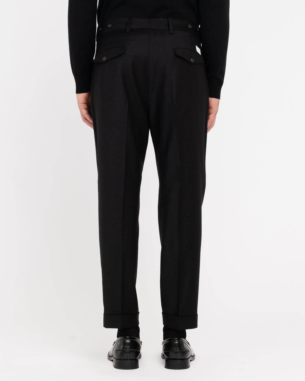 black double pleat stretch wool flannel trousers