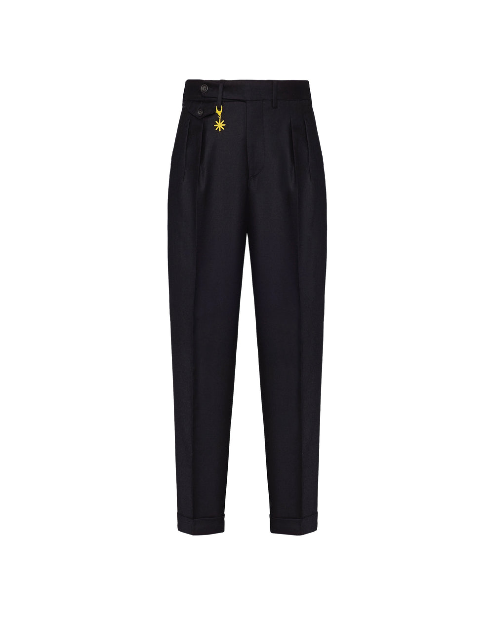 black double pleat stretch wool flannel trousers