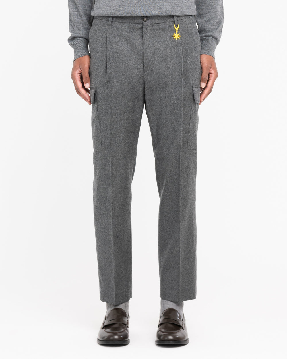 gray stretch wool flannel cargo trousers