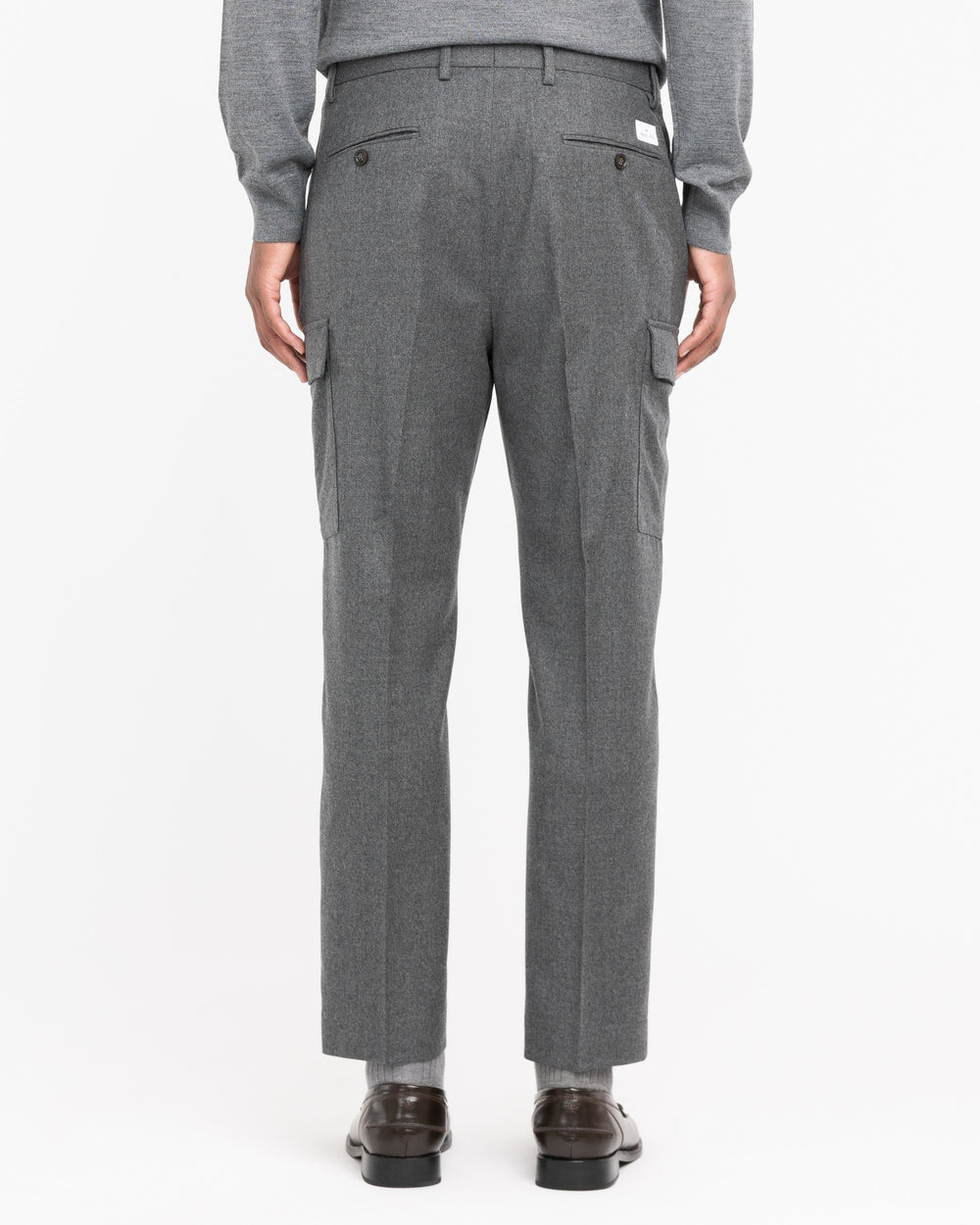 gray stretch wool flannel cargo trousers