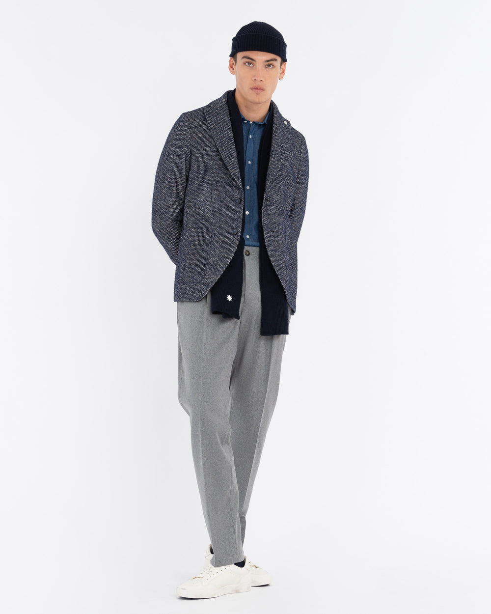 gray stretch wool flannel pleated trousers