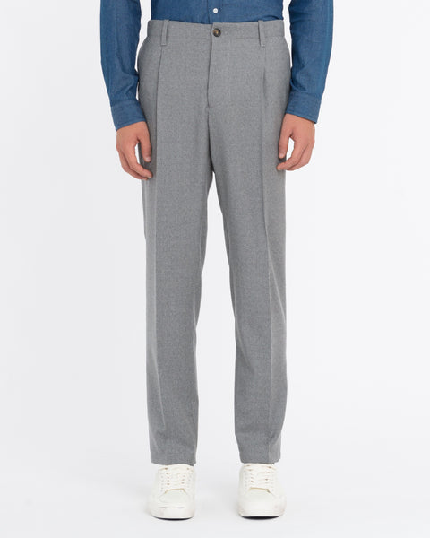 gray stretch wool flannel pleated trousers