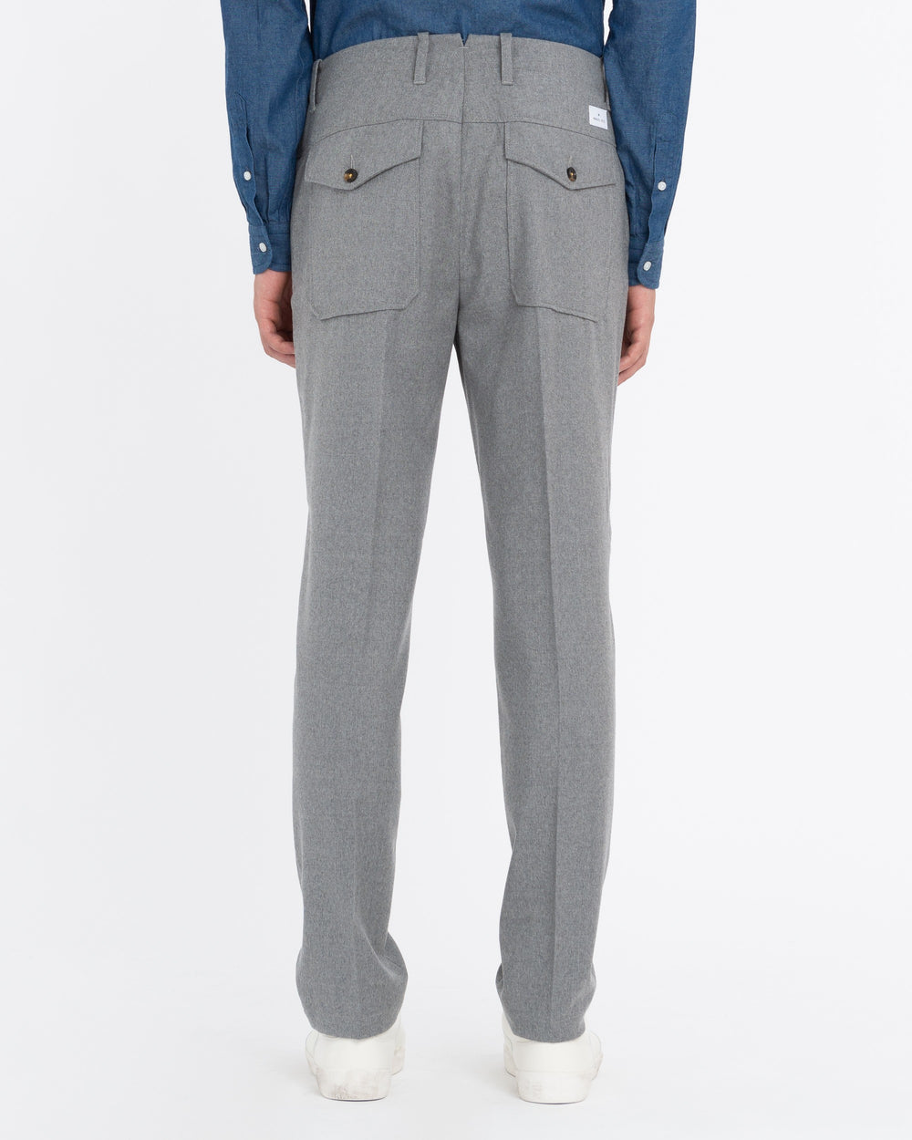 gray stretch wool flannel pleated trousers