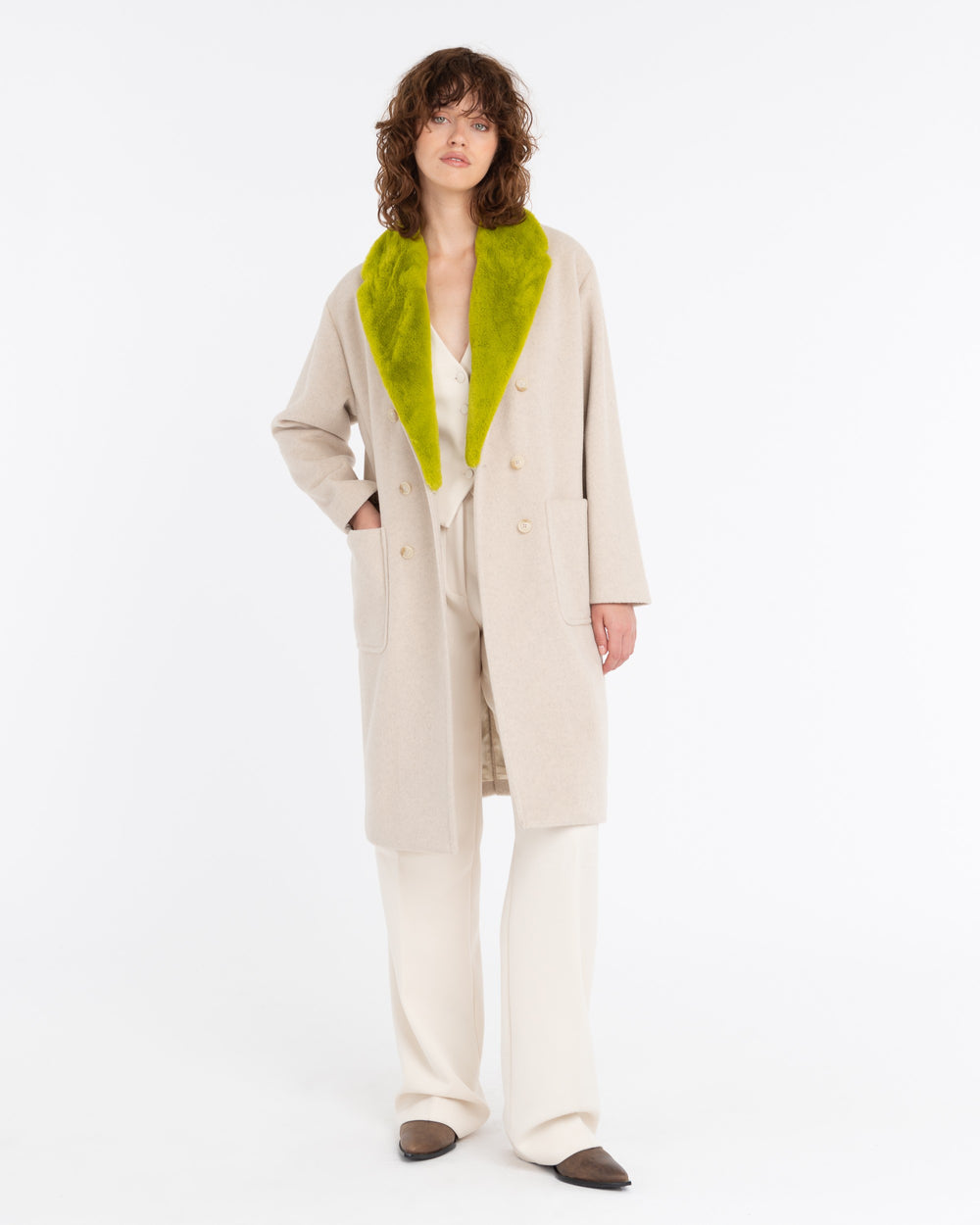 beige double breasted viscose blend cloth coat