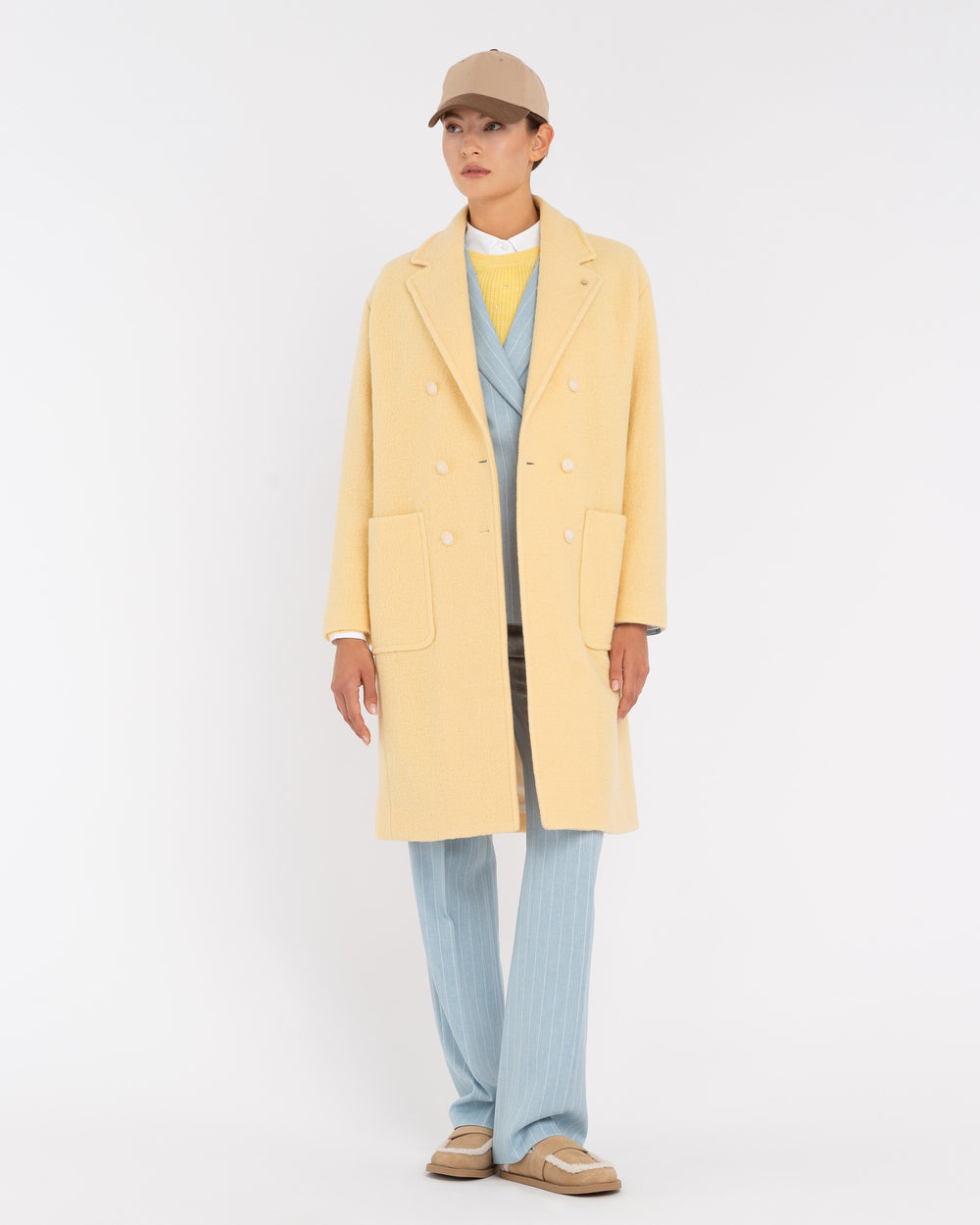 yellow double breasted boiled wool coat