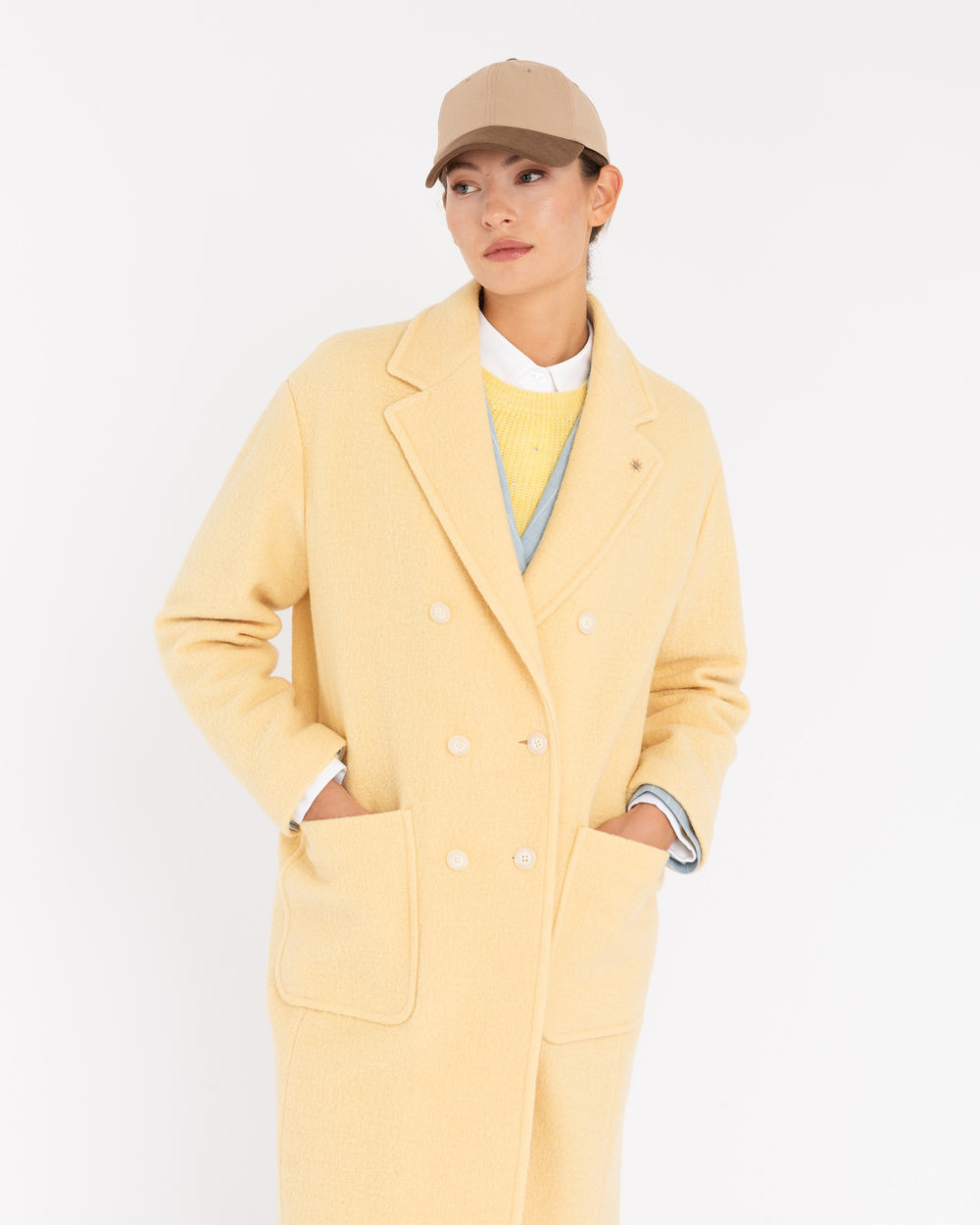 yellow double breasted boiled wool coat