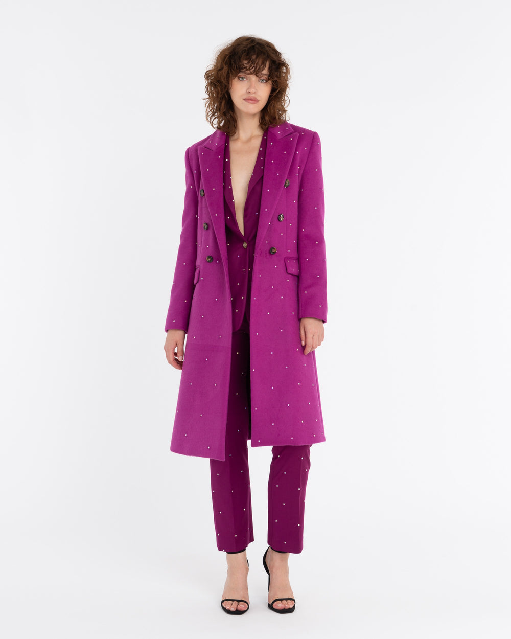 violet double breasted coat with rhinestone applications