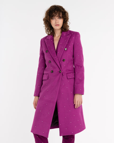 violet double breasted coat with rhinestone applications