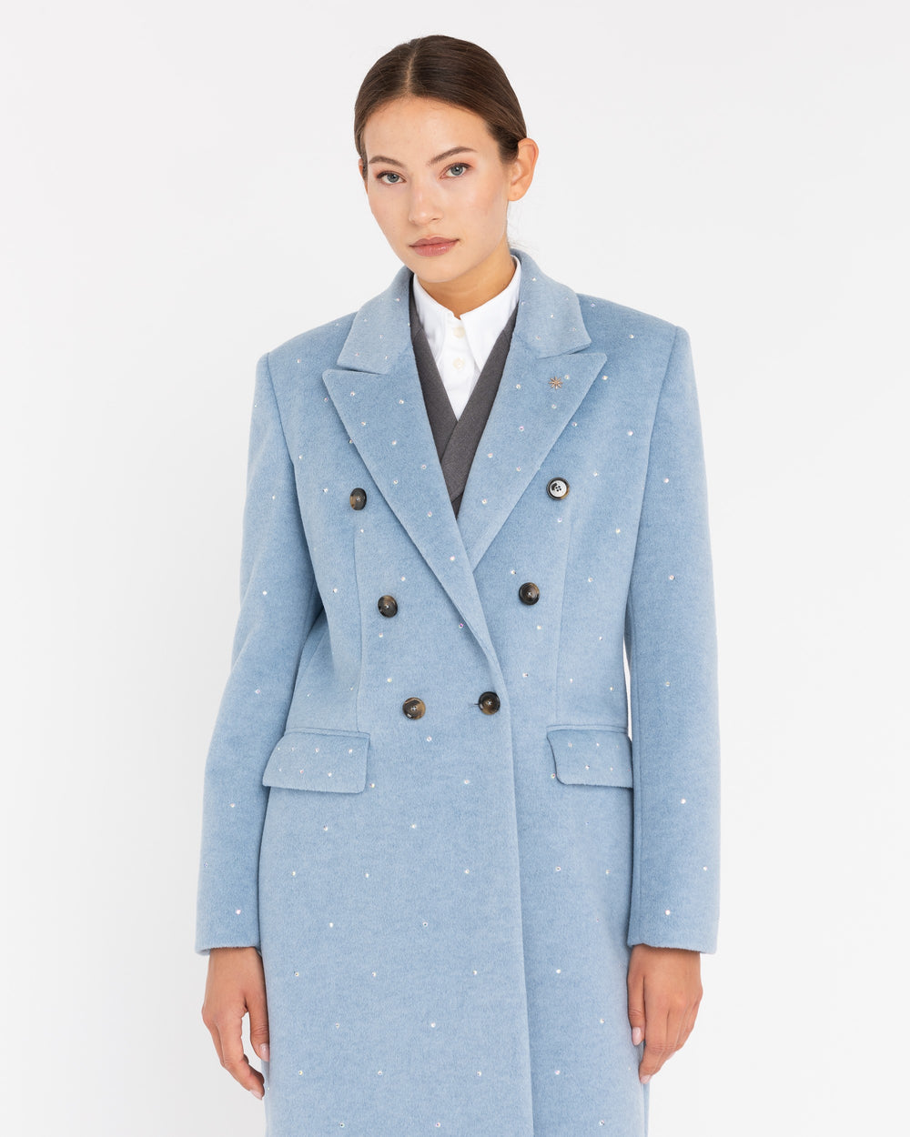 sky blue double breasted coat with rhinestone applications