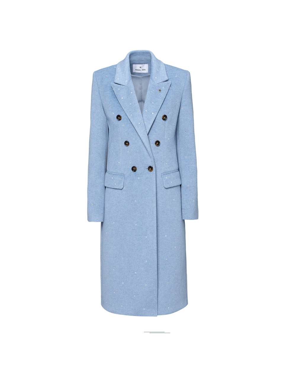 sky blue double breasted coat with rhinestone applications