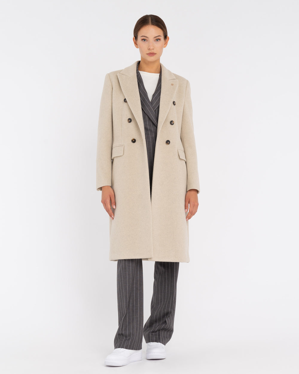 beige double breasted viscose blend cloth coat