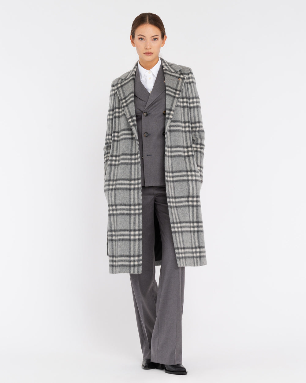 gray check wool blend dressing gown coat