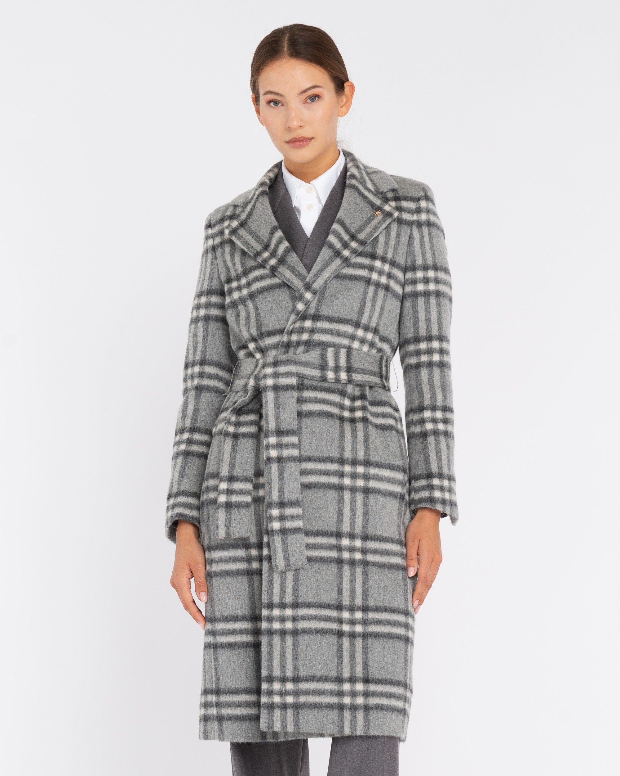 gray check wool blend dressing gown coat Manuel Ritz Official