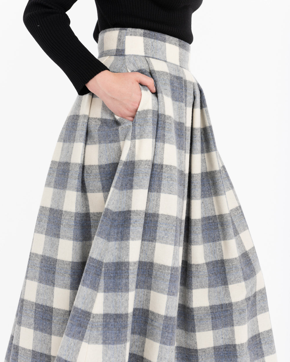 gray wool blend macro check midi skirt