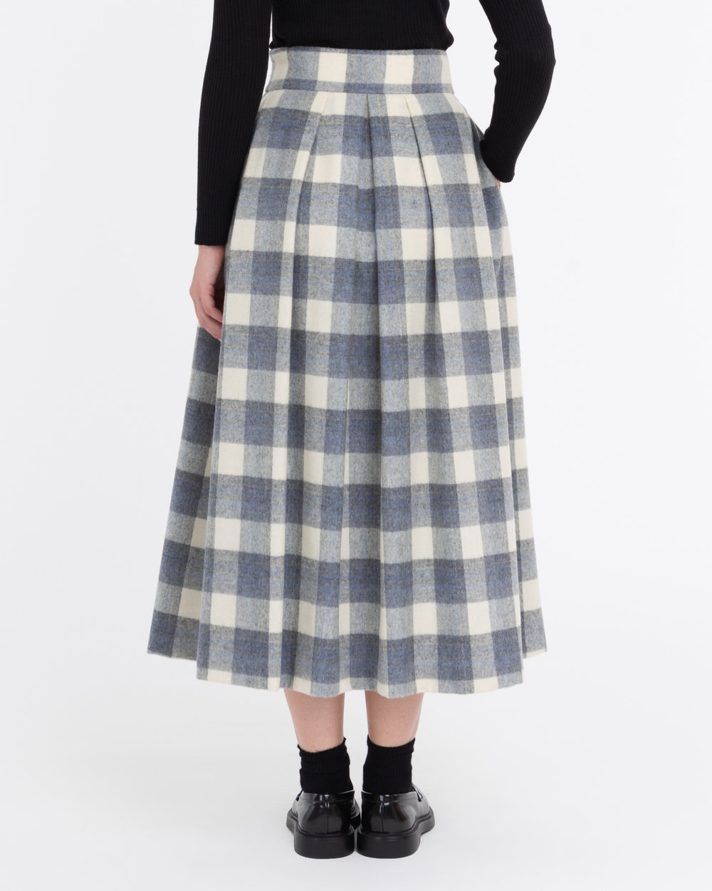 gray wool blend macro check midi skirt