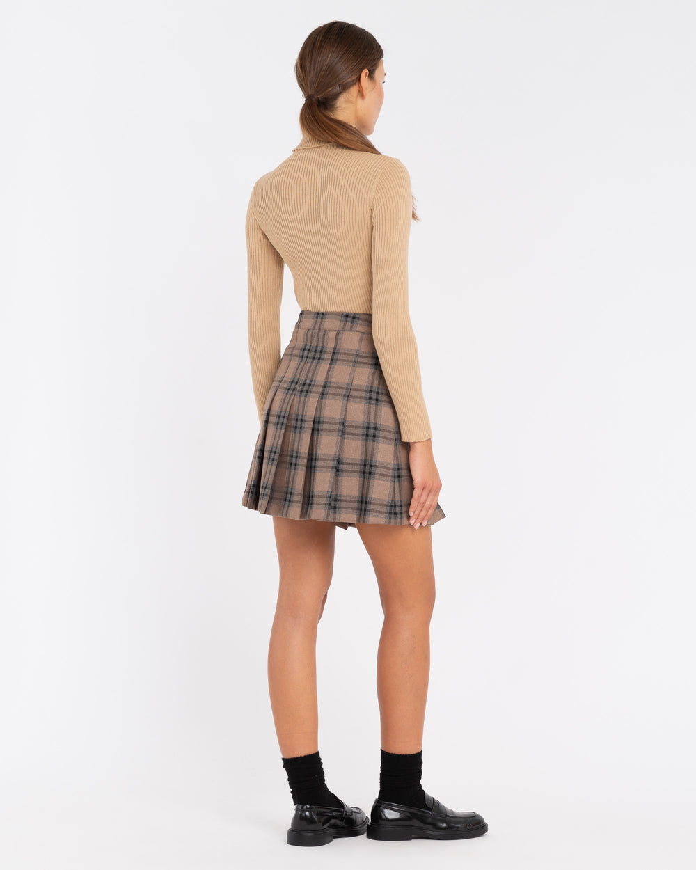 brown macro check pleated skirt