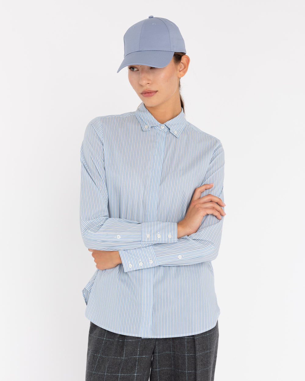 sky blue stretch cotton striped button down shirt