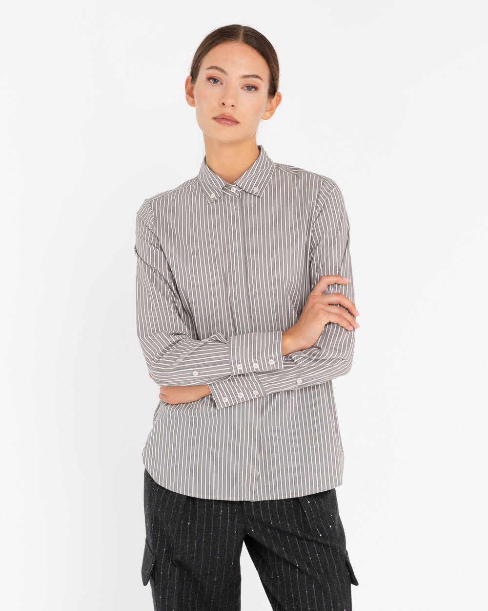 gray stretch cotton striped button down shirt