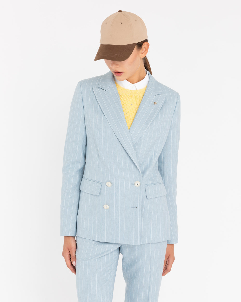 light blue double-breasted viscose blend striped blazer