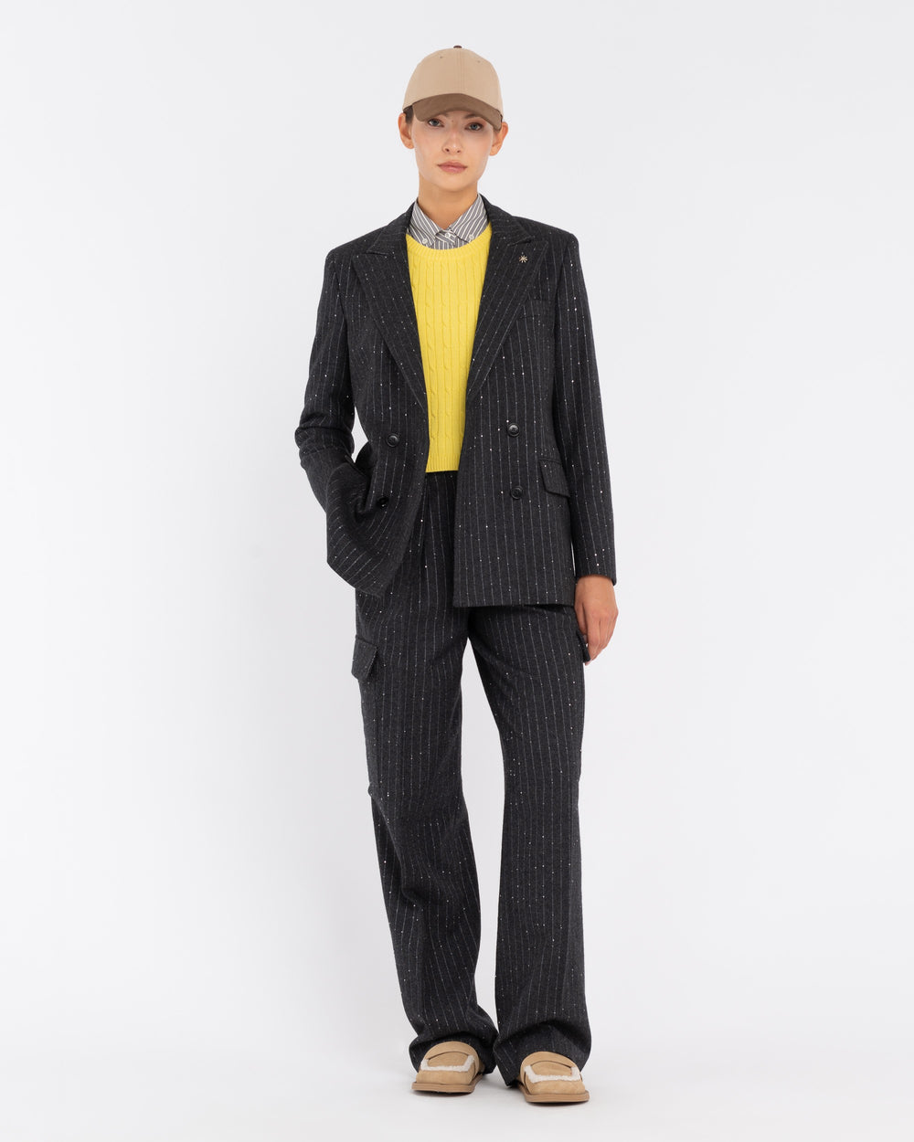 gray micro sequin pinstripe double-breasted blazer