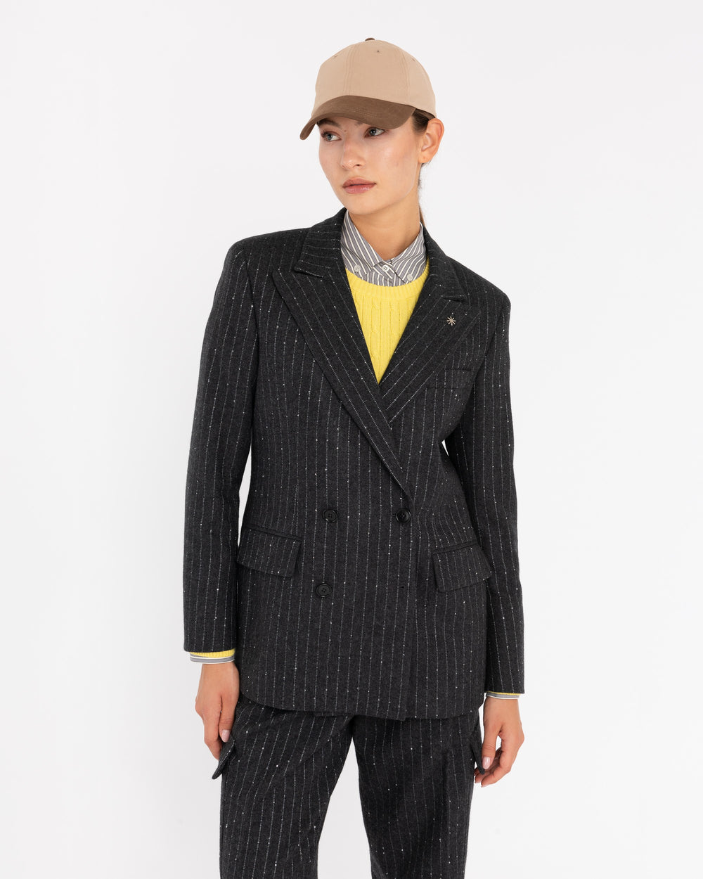 gray micro sequin pinstripe double-breasted blazer