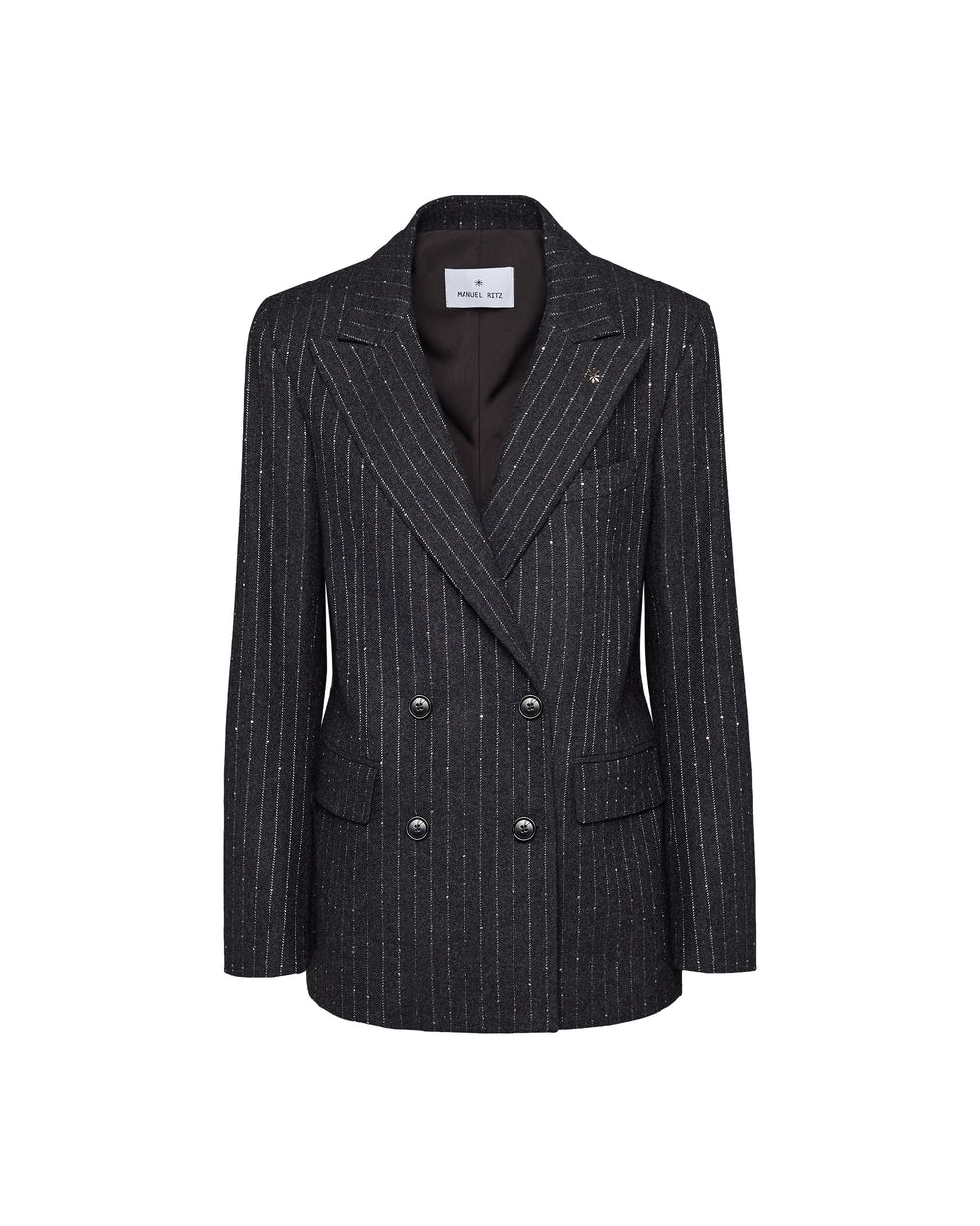 gray micro sequin pinstripe double-breasted blazer