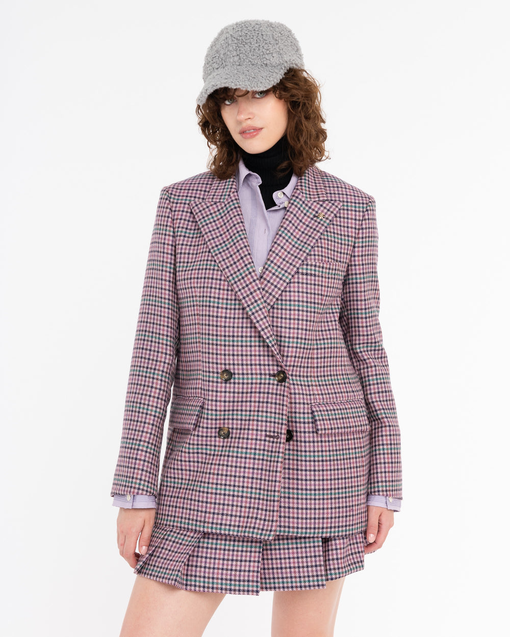 violet pied de poule wool double-breasted blazer