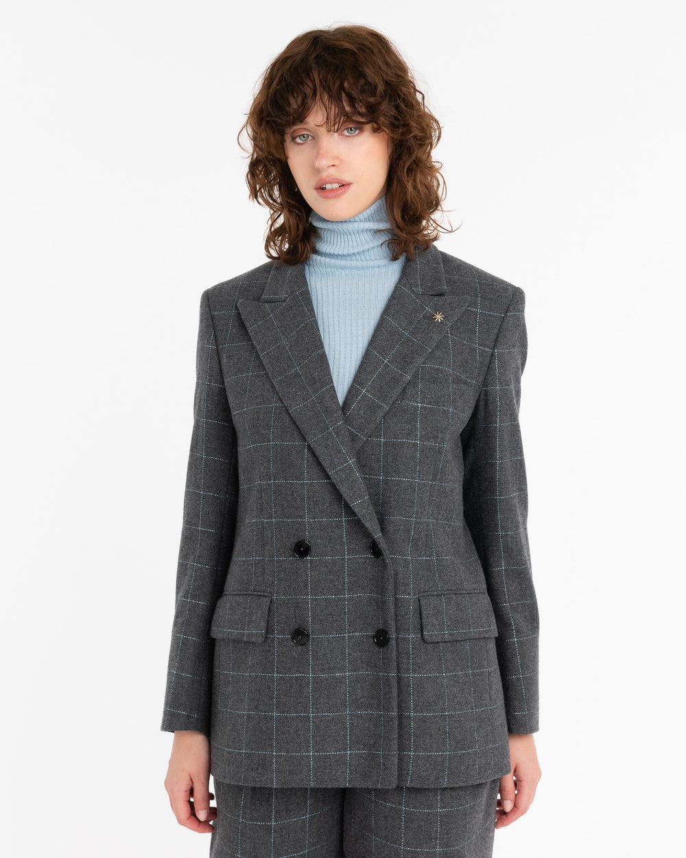 gray wool blend double-breasted square lurex blazer