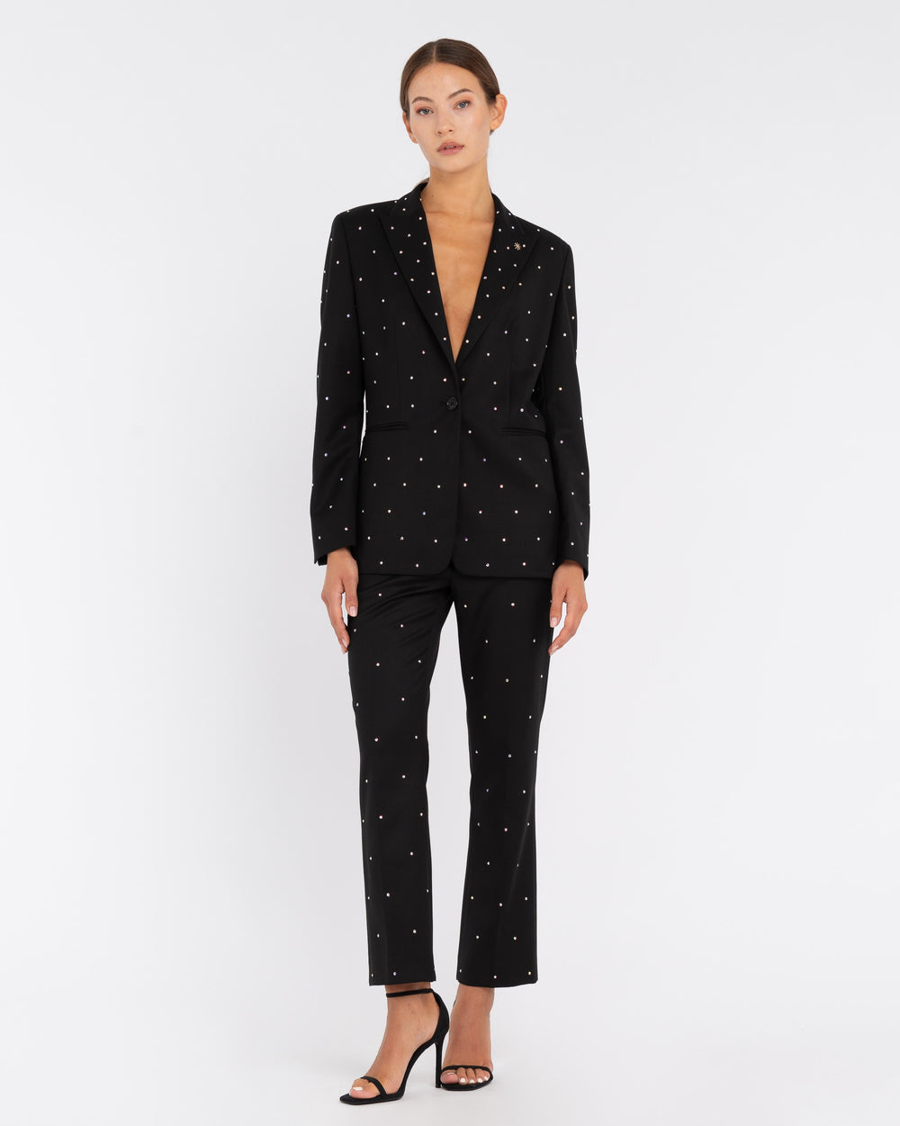 black stretch poly-viscose appliqué blazer