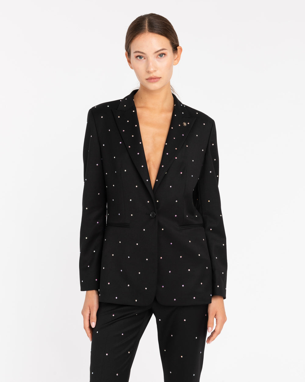 black stretch poly-viscose appliqué blazer