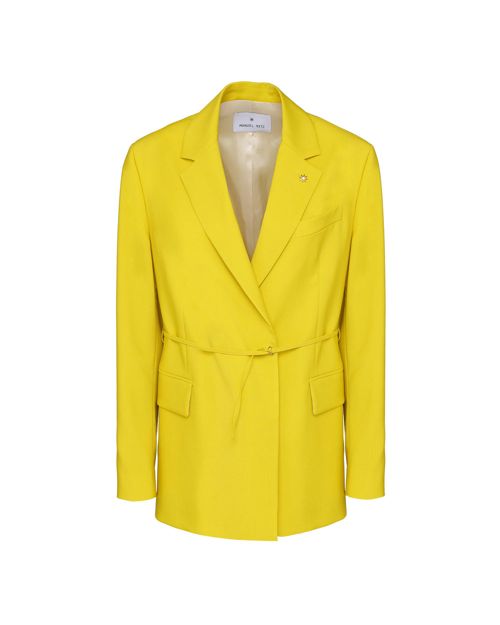 yellow over blazer with wool belt